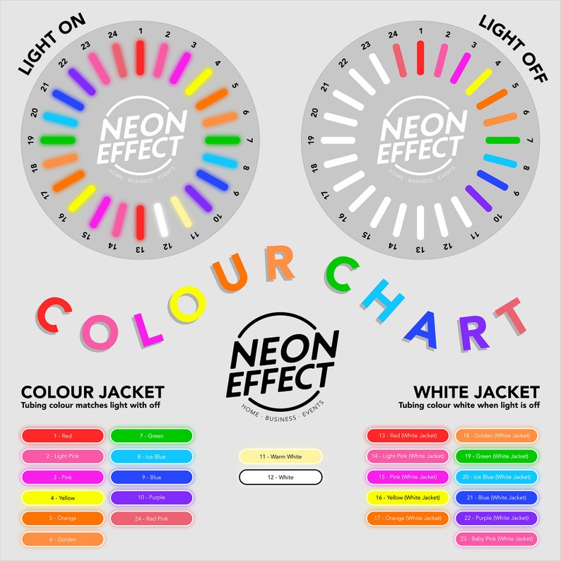 May include: A color chart for neon tubing, showing 24 different colors with their corresponding numbers. The chart is divided into two sections: "Light On" and "Light Off." The "Light On" section shows the colors of the tubing when the light is on, and the "Light Off" section shows the colors of the tubing when the light is off. The chart also includes a list of the colors and their corresponding numbers, as well as a description of the color jacket.