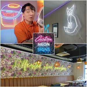 May include: A neon sign with the text "Custom Neon Signs" in pink and blue letters. The sign is surrounded by green foliage. The image also shows a neon sign of a fox in white, a neon sign of a rice cooker in pink and yellow, and a neon sign with the text "If feasted cloud honeybee" in white.