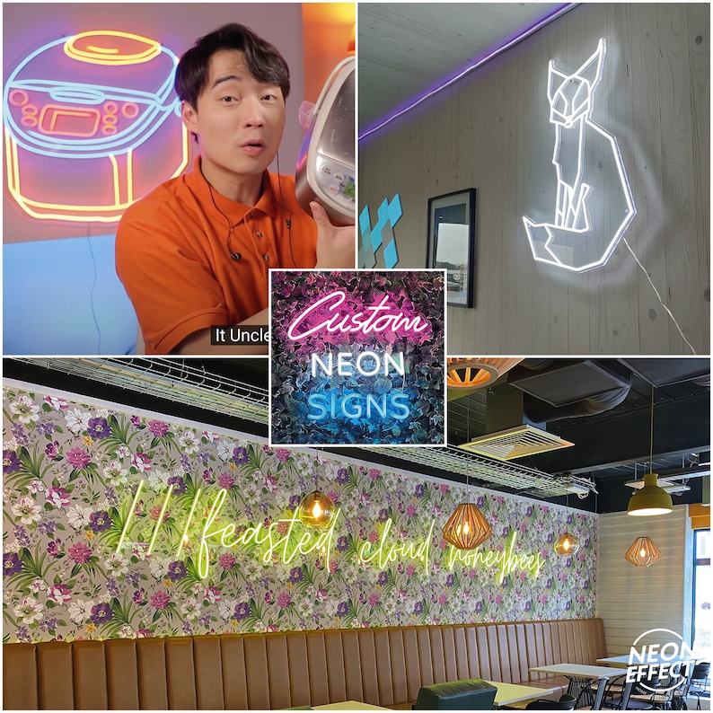 May include: A neon sign with the text "Custom Neon Signs" in pink and blue letters. The sign is surrounded by green foliage. The image also shows a neon sign of a fox in white, a neon sign of a rice cooker in pink and yellow, and a neon sign with the text "If feasted cloud honeybee" in white.