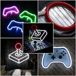 Pode incluir: Uma coleção de letreiros de néon com várias formas e designs, incluindo um joystick, um controle de jogo e várias formas abstratas. Os letreiros são iluminados em várias cores, incluindo vermelho, verde, azul e roxo.