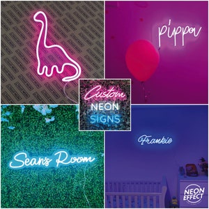 May include: A collage of four images showcasing custom neon signs. The top left image features a pink neon dinosaur. The top right image shows a pink neon sign that says "Pippa" with a pink balloon. The bottom left image shows a blue neon sign that says "Sean's Room". The bottom right image shows a blue neon sign that says "Frankie" in a nursery setting.
