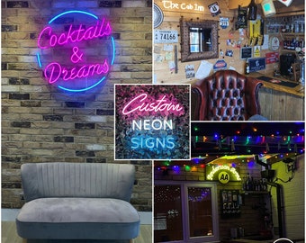 May include: A collage of images showcasing neon signs. One sign reads "Cocktails & Dreams" in pink and blue. Another says "Custom NEON SIGNS". Other images include a bar, a gray loveseat, and string lights.
