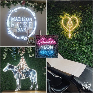 May include: A collage of images showcasing custom neon signs. The first image shows a white neon sign with the text "MADISON ROSE BAR" in a circular shape. The second image shows a pink and blue neon sign with the text "Custom Neon Signs". The third image shows a white neon sign of a horse with a woman riding it. The fourth image shows a white neon sign of a heart with an arrow through it, on a green wall.