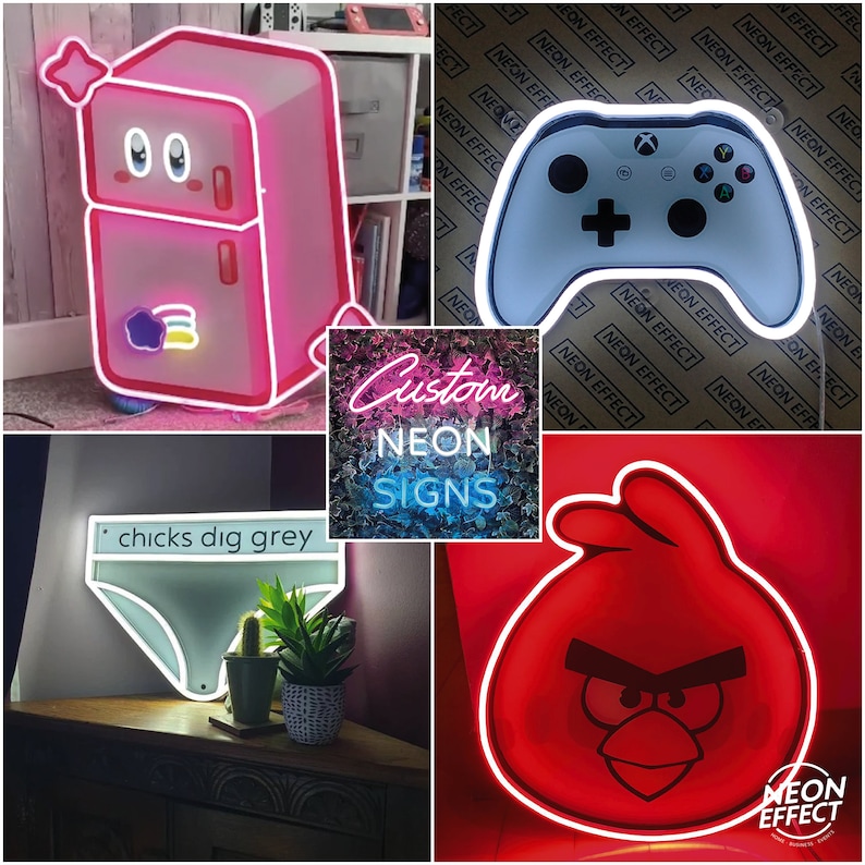 May include: A collage of custom neon signs, including a pink refrigerator, a white video game controller, a white underwear with the text "chicks dig grey", and a red angry bird.