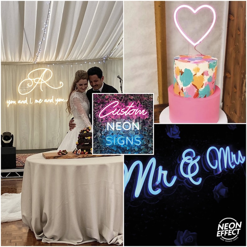 May include: A collage of three images featuring custom neon signs for weddings. The first image shows a couple cutting a cake with a neon sign that says "you and I, me and you". The second image shows a neon heart sign on top of a pink and white wedding cake. The third image shows a neon sign that says "Mr & Mrs".