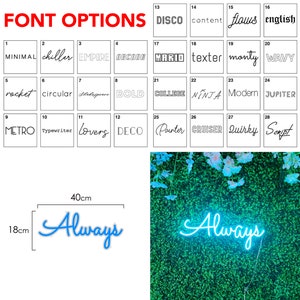 May include: A chart of 28 different font styles with the word "Always" displayed in a blue neon font on a green background. The neon sign is 40 cm wide and 18 cm tall.