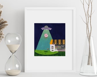 Lámina sin marco con temática de comida OVNI – Arte mural original para la cocina – Ilustración surrealista – Póster divertido de comida – Decoración única para el hogar