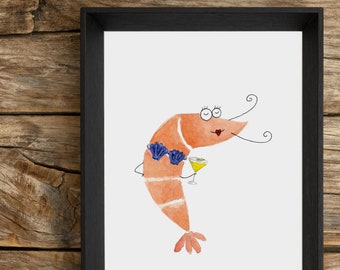 Prawn Cocktail Unframed Print – Funny Kitchen Wall Art – Quirky Food Illustration – Cocktail Bar Decor – Gift for Food Lovers