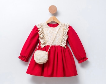 Red Toddler Dress with Lace Ruffle & Bag: 100% Cotton