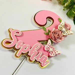 3D Custom Age and Name Cake Topper, Butterfly and Flower Cake Topper