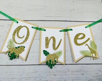 Custom Name or Age Jungle High Chair Banner, Personalized Birthday Safari Banner, Wild One Banner Lion Elephant Giraffe Party Decor