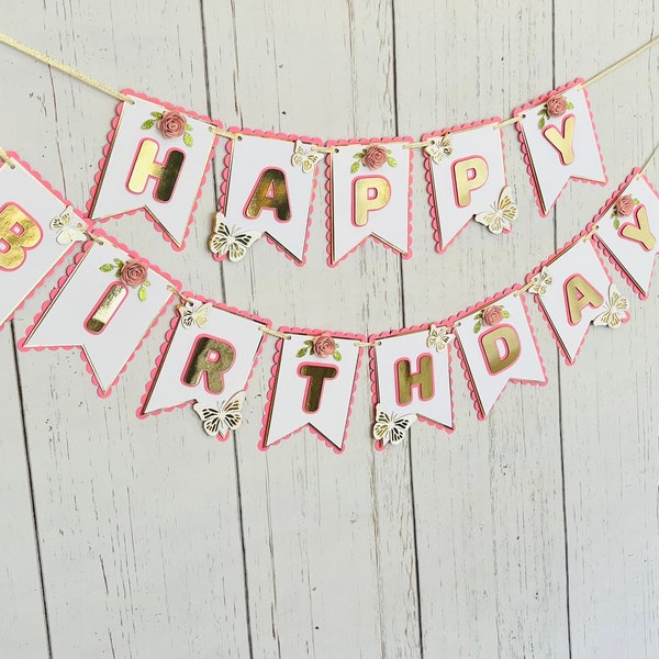 Personalized Happy Birthday Banner, Butterfly and Flowers Banner, Custom Party Decor, Pink and White Girls Party Decor, Garland Party Decor