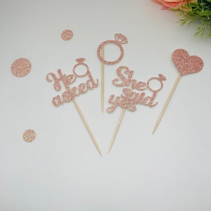 He asked She said yes Cupcake Topper, Glitter Engagement Ring and Hearth Topper, Bridal Shower Party Decor.