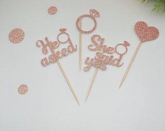He asked She said yes Cupcake Topper, Glitter Engagement Ring and Hearth Topper, Bridal Shower Party Decor.