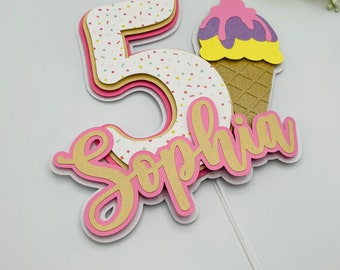 3D Custom Name and Age Ice Cream Cake Topper, Sweet Treats Birthday Party Decor, Ice Cream Birthday Party