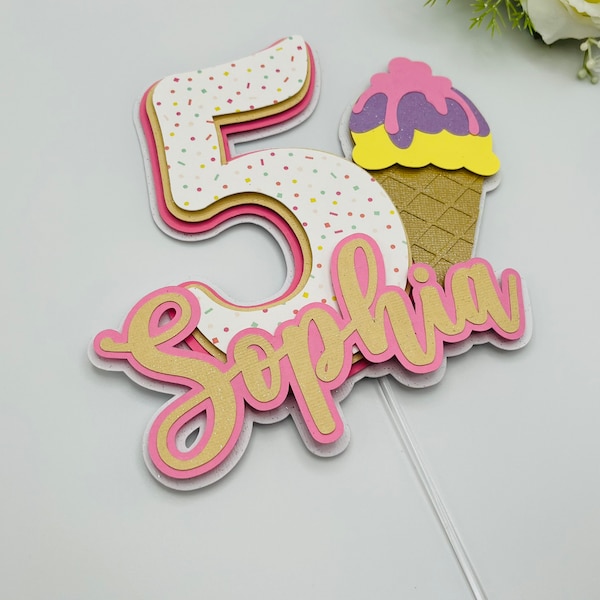 3D Custom Name and Age Ice Cream Cake Topper, Sweet Treats Birthday Party Decor, Ice Cream Birthday Party