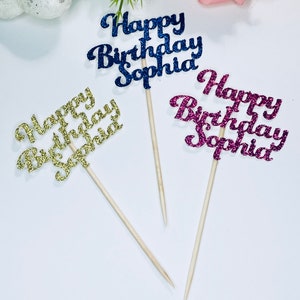 Custom Happy Birthday Cupcake Toppers, Birthday Cupcake Toppers, Glitter Cupcake Toppers,Birthday Food Picks, Custom Name Cupcake Topper