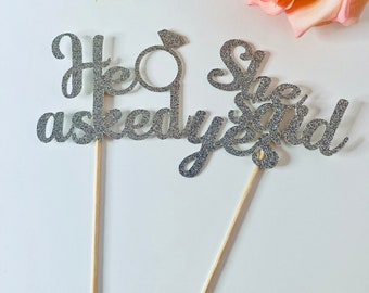He asked she said yes cupcake topper, Engagement Cupcake toppers, Bachelorette Party decor, Bridal Shower Decor