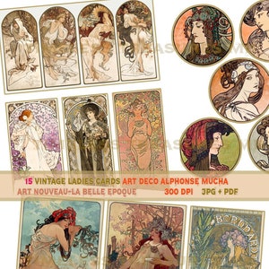 Alphonse Mucha 15 vintage ladies women girls Art Deco La Belle Epoque Art Nouveau scrapbook junk journal collage ephemera embellishment kit