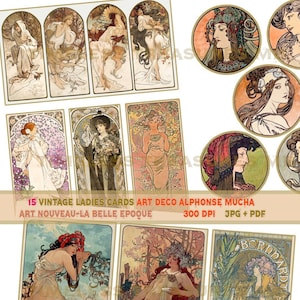 Alphonse Mucha 15 vintage ladies women girls Art Deco La Belle Epoque Art Nouveau scrapbook junk journal collage ephemera embellishment kit