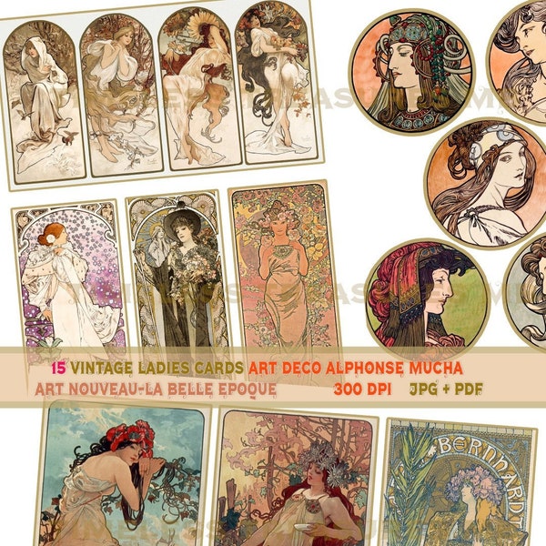 Alphonse Mucha 15 vintage dames femmes filles Art Déco La Belle Epoque Art Nouveau scrapbook junk journal collage éphémère embellissement kit