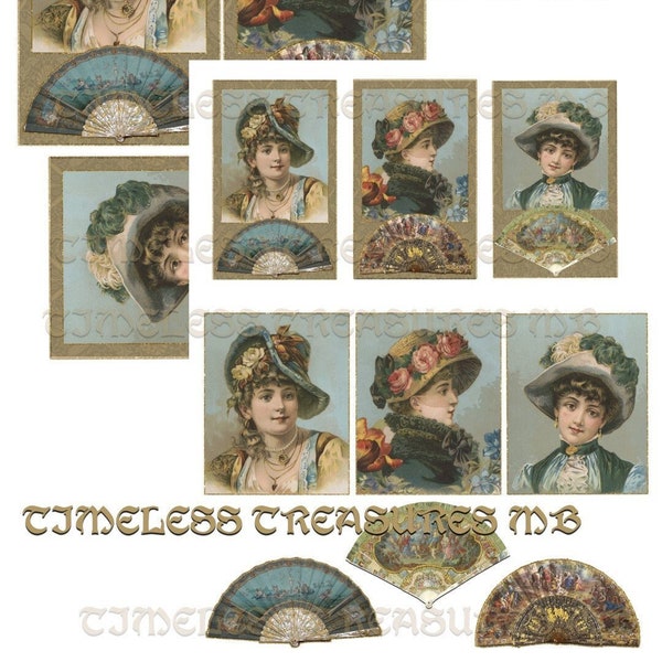 Vintage scrapbook junk journal kit VICTORIAN WOMEN with hat and fan, cards embellishment collage ephemera craft digital paper antique retro