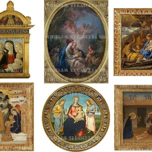 Cartes saintes, crèche Jésus-Christ bébé sainte famille art antique pour kit de carnets de bord, albums de découpures imprimable téléchargement vintage vintage
