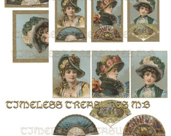 May include: A collage of vintage images featuring women wearing hats and holding fans. The images are in a gold frame with a white background. The text "TIMELESS TREASURES MB" is at the bottom of the collage.