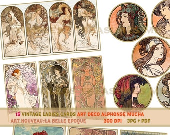 Alphonse Mucha 15 vintage ladies women girls Art Deco La Belle Epoque Art Nouveau scrapbook junk journal collage ephemera embellishment kit