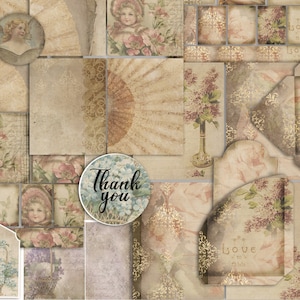 Kit de journal indésirable imprimable, papier VINTAGE SET 1 OLD : 20 feuilles avec 9 enveloppes, 50+ cartes, 50+ étiquettes/étiquettes, 12+ poches, 6 pages de journal