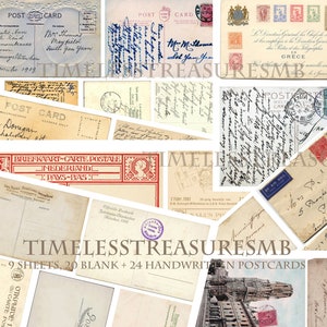 PRINTABLE POSTCARDS for junk journal kit, 44 digital antique carte postale post cards, 20 blank postcards + 24 handwritten vintage cards