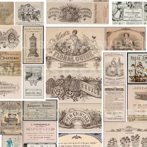 DRUCKBARE EPHEMERA Kit, 50+ digitale Junk Journal Etiketten Tags Anzeigen, Vintage Etiketten Tags Ads, Zufallszahlen Wörter, Scrapbook Karten, Collage