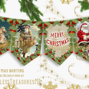 CHRISTMAS BUNTING Santa banner garland decoration rustic antique cards collage, DIY craft works embellishments, 4 images, 2 sheets digital