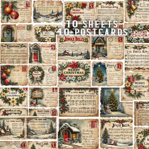 Christmas printable cards, junk journal kit, vintage antique postcards, 10 sheets, 40 Christmas cards, Christmas ephemera digital papers