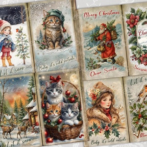 Christmas printable cards, Christmas junk journal cards, 4 sheets, 8 Christmas cards, scrapbook pages, ephemera digital antique papers