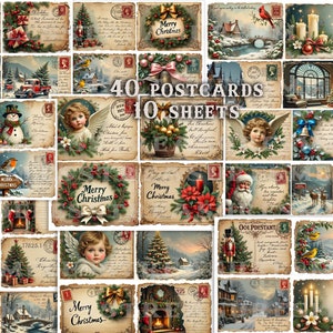 Christmas printable cards, Christmas junk journal cards, Santa Claus, 10 sheets, 40 Christmas postcards, Christmas ephemera digital papers