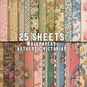 Junk journal Vintage wallpaper, 25 digital sheets, background pattern, tear sheets, floral, printable scrapbook kit, antique paper collage