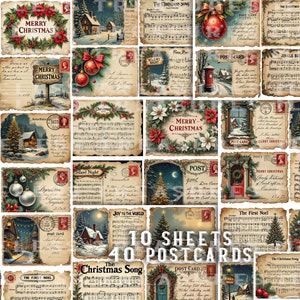 Christmas digital cards, junk journal kit, vintage antique postcards, 10 sheets, 40 Christmas cards, Christmas ephemera printable antique