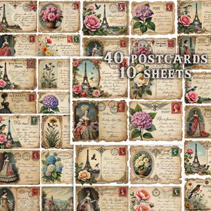 Junk Journal Kit, Paris Vintage antike Postkarten, Paris Scrapbook Karten, Eiffelturm Printables, Rosen Karten, digitale Ephemera