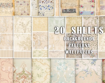 Puede incluir: Un collage de 20 patrones de papel tapiz y fondos de estilo vintage. Los patrones presentan diseños florales, rayas y detalles intrincados en tonos crema, beige y azul. El texto "20 SHEETS BACKGROUNDS PATTERNS WALLPAPERS" se muestra en el centro de la imagen.