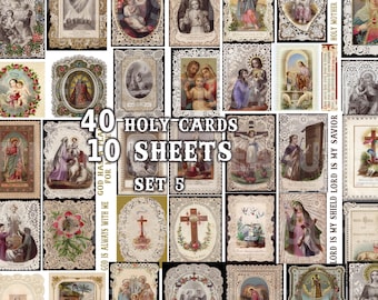 May include: A set of 40 vintage holy cards, printed on paper with lace trim. The cards feature religious imagery and text, including a cross, angels, and the Virgin Mary. The text on the cards includes "40 Holy Cards", "10 Sheets", "God is always with me", "Holy Mother Pray for Us", and "Lord is my Shield Lord is my Savior".