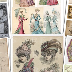 Op de afbeelding: Een collage van vintage afbeeldingen met vrouwen in modieuze kleding, parfumflesjes en etiketten met Franse tekst. De afbeeldingen zijn in verschillende stijlen, waaronder illustraties en foto's.