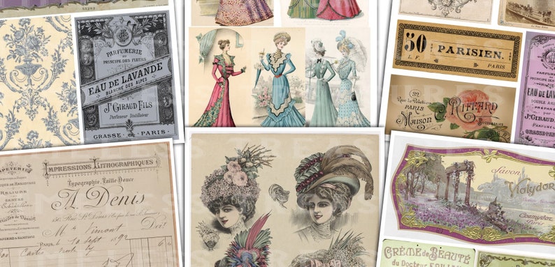 Op de afbeelding: Een collage van vintage afbeeldingen met vrouwen in modieuze kleding, parfumflesjes en etiketten met Franse tekst. De afbeeldingen zijn in verschillende stijlen, waaronder illustraties en foto's.