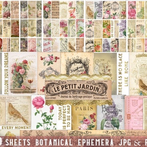 Éphémères de journal indésirable, 20 feuilles, éphémères imprimables, papier de scrapbooking, kit de collage, trésors botaniques, lot de 8, antiquités, étiquettes, impression numérique
