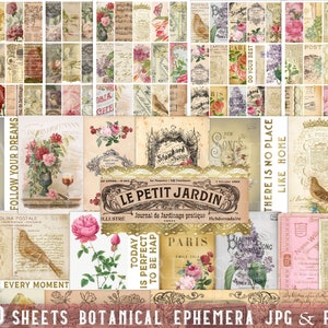 Junk journal ephemera, 20 sheets, ephemera printable, scrapbook paper, collage kit, Botanic Treasures, SET 8, antique, labels, digital print