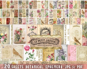 Junk journal ephemera, 20 sheets, ephemera printable, scrapbook paper, collage kit, Botanic Treasures, SET 8, antique, labels, digital print