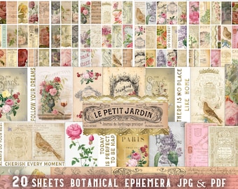 Junk journal ephemera, 20 sheets, ephemera printable, scrapbook paper, collage kit, Botanic Treasures, SET 8, antique, labels, digital print