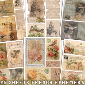 junk journal kit, Printable ephemera, FRENCH EPHEMERA SET 1, 25 sheets, digital vintage labels, vintage tags, antique ads, scrapbook sheets, collage digital sheets, antique papers, digital print, old tattered papers, victorian papers, france, paris