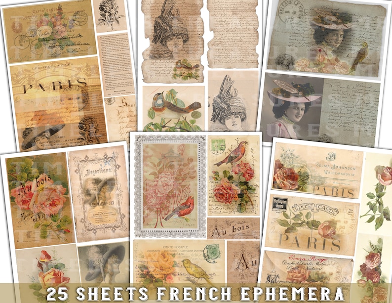 junk journal kit, Printable ephemera, FRENCH EPHEMERA SET 1, 25 sheets, digital vintage labels, vintage tags, antique ads, scrapbook sheets, collage digital sheets, antique papers, digital print, old tattered papers, victorian papers, france, paris