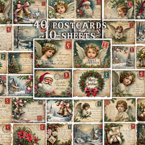 Christmas digital postcards, vintage antique angels, Santa Claus, tree, 10 sheets, 40 Christmas cards, Christmas ephemera craftwork papers